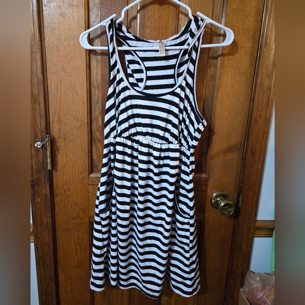 India Boutique Black and White Striped Dress With Hood